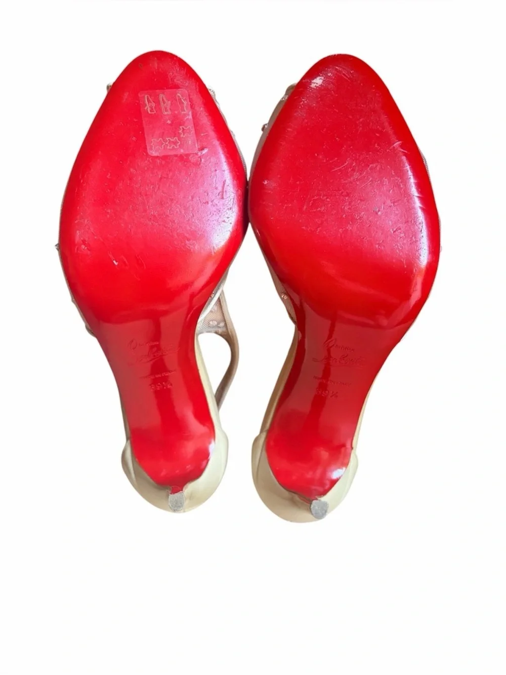 Christian Louboutin Nude Mesh T-Strap Crystal Sandal with Red Heel